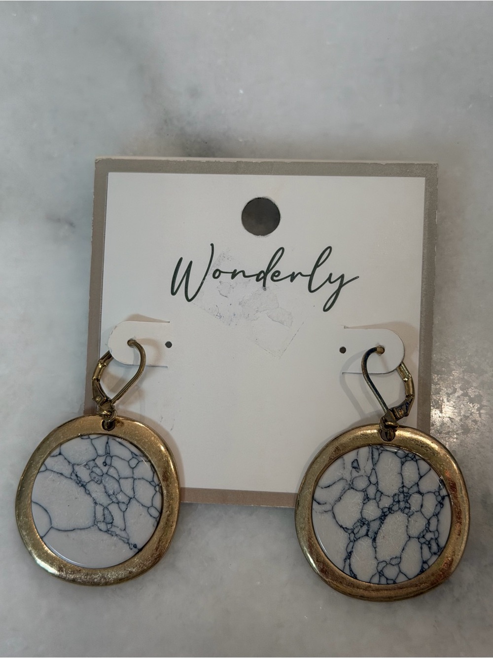 Wonderly White Marble-Effect Drop Earrings with Gold Frame